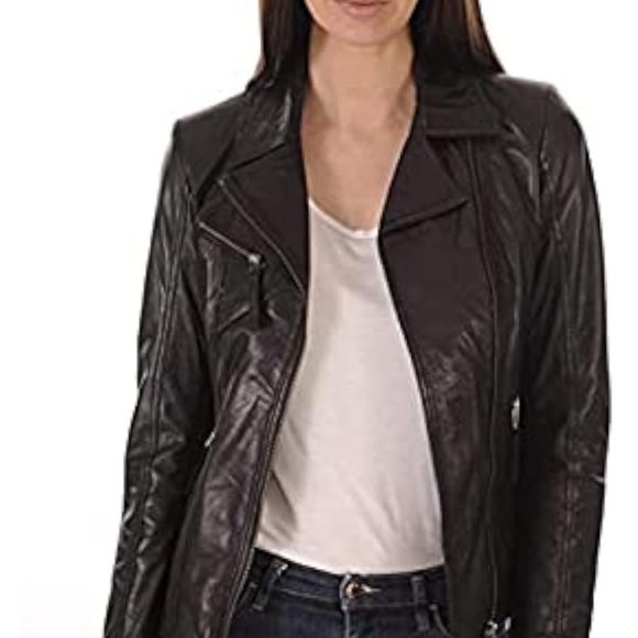 Lambskin woman Brown Leather Moto Jacket size M - Picture 2 of 16